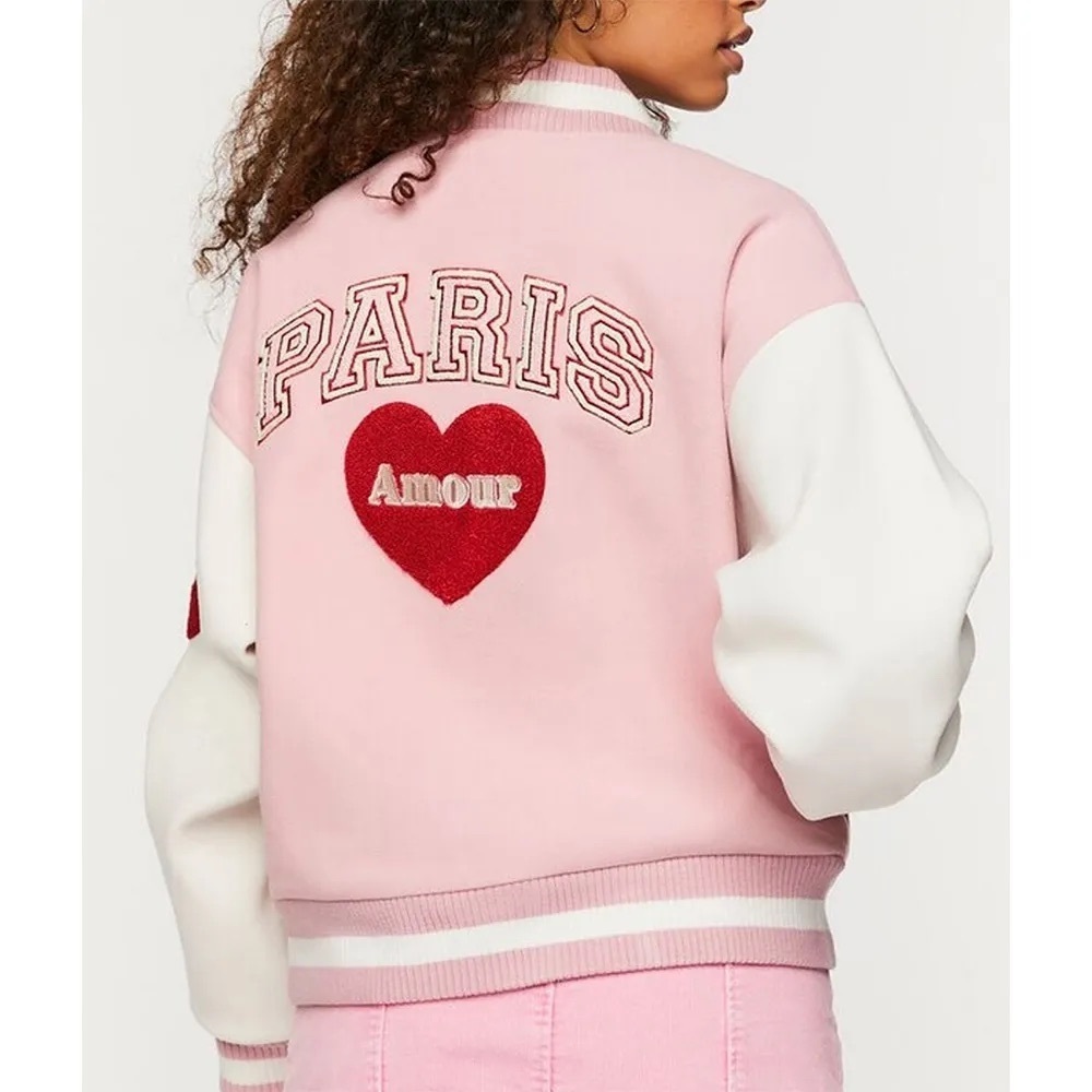 F21 Varsity Jacket Amour Paris Pink/Cream Sz S High school Retro Ballet Core‎